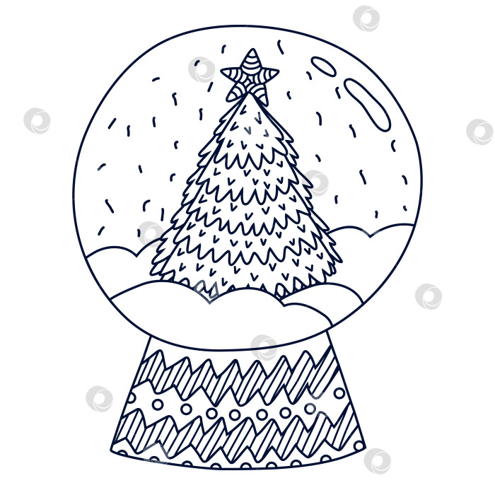 Скачать Симпатичный нарисованный от руки снежный шар с рождественской елкой, звездой над ней и снежинками. Векторный каракуль, изолированный на заднем плане. Стеклянный шар-сфера. Концепция Рождества, зимы, праздника. Новогодний декор. фотосток Ozero
