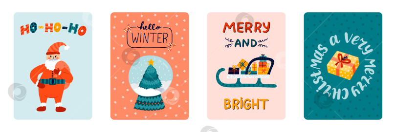 Скачать Набор милых открыток на Рождество, Новый год, зимние праздники. Плакаты с надписями, векторная рисованная иллюстрация с традиционными символами Ноэля, зимы, празднования. Шаблон поздравительной открытки. фотосток Ozero