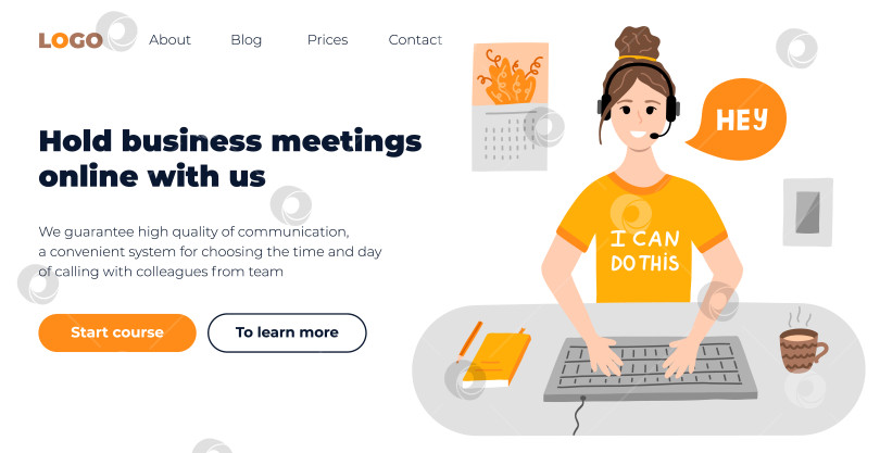 Скачать Шаблон дизайна веб-страницы для интернет-технологий, цифрового маркетинга. Хипстерская векторная иллюстрация с вызовом. Молодая леди в наушниках говорит "привет". концепция интернет-сети. Онлайн-деловой звонок. фотосток Ozero