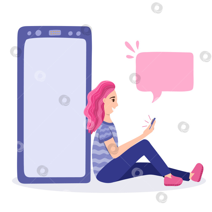 Скачать Счастливая молодая женщина сидит возле большого телефона с пустым экраном, держа в руках мобильный телефон с пузырьком уведомлений. Пустой дисплей. Нарисованная от руки иллюстрация. Концепция мобильного приложения, онлайн-общения и покупок. фотосток Ozero