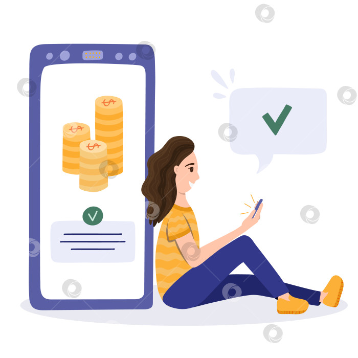 Скачать Счастливая молодая женщина сидит, облокотившись на большой телефон, держа в руках мобильный телефон с успешно завершенным процессом электронного платежа. Концепция мобильного банкинга, оплата услуг онлайн, финансы и технологии. фотосток Ozero