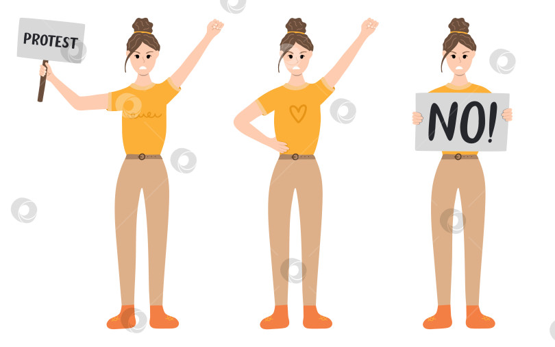 Скачать Женщины протестуют в разных позах. Сердитая девушка держит плакат, подняв кулак вверх. Концепция протеста, демократии, прав. Гражданское сопротивление. Нарисованная от руки векторная мультяшная иллюстрация. Женское сообщество. фотосток Ozero
