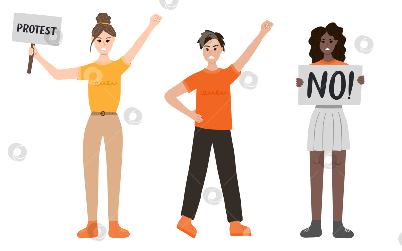 Скачать Группа женщин протестует против гендерного насилия. Разгневанные девушки в разных позах: держат плакат, поднимают кулак вверх. Гражданское сопротивление. Нарисованная от руки векторная мультяшная иллюстрация. Женское сообщество, равенство фотосток Ozero