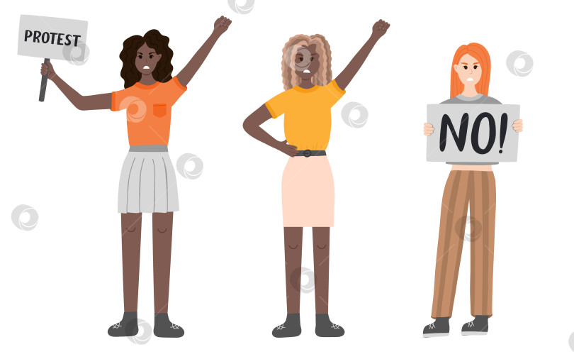 Скачать Группа женщин протестует против гендерного насилия. Разгневанные девушки в разных позах: держат плакат, поднимают кулак вверх. Гражданское сопротивление. Нарисованная от руки векторная мультяшная иллюстрация. Женское сообщество, равенство фотосток Ozero