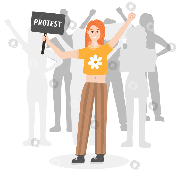 Скачать Толпа протестующих с разгневанной девушкой, держащей плакат и поднимающей кулак вверх перед собой. Концепция протеста, демократии, прав. Гражданское сопротивление. Нарисованная от руки векторная мультяшная иллюстрация. Женское сообщество фотосток Ozero