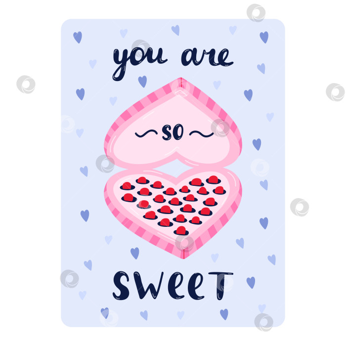 Скачать Милая открытка на день святого Валентина, день рождения или другой праздник. Плакат с милой надписью "Ты такая милая", векторная рисованная иллюстрация коробки шоколадных конфет в форме сердца. Шаблон поздравительной открытки. фотосток Ozero