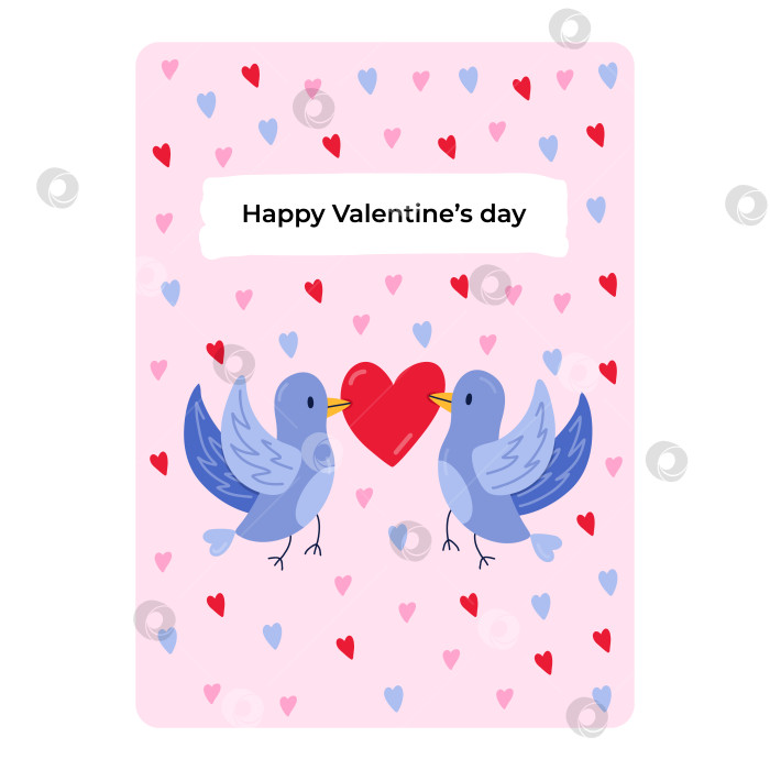 Скачать Милая открытка с днем Святого Валентина, днем рождения или другим праздником. Плакат с поздравлением и векторной рисованной иллюстрацией любимых птиц с сердечком в клюве. Шаблон поздравительной открытки. фотосток Ozero