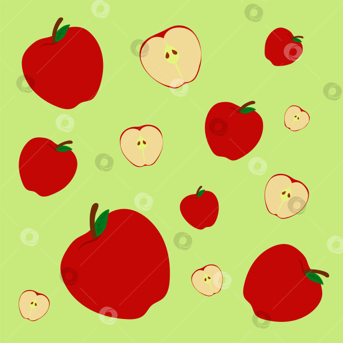 Скачать Концепция узора яблока. Целые красные яблоки и половинки. Векторная иллюстрация, изолированная на зеленом фоне. Элемент дизайна для обложки брошюры с печатью на оберточной бумаге. фотосток Ozero