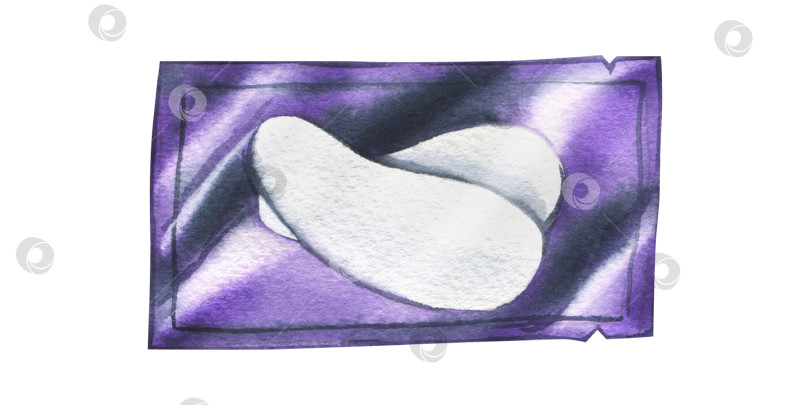 Скачать Белые пластыри для глаз в индивидуальной фиолетовой упаковке. Акварельная иллюстрация, нарисованная от руки. Изолированный объект на белом фоне. Для дизайна упаковки, косметики, косметических процедур в салонах красоты. фотосток Ozero