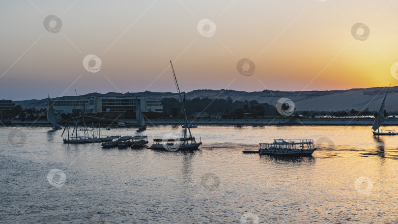 Скачать Вечерний Нил. Фелюги и туристические лодки на спокойной воде. фотосток Ozero