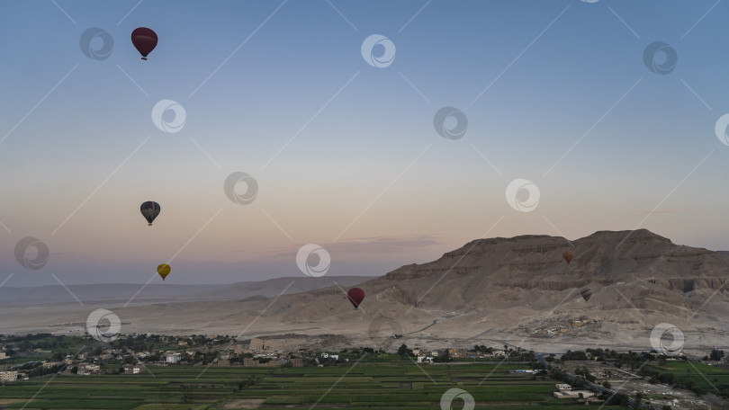 Скачать Разноцветные воздушные шары летают в сине-розовом утреннем небе над Луксором. фотосток Ozero
