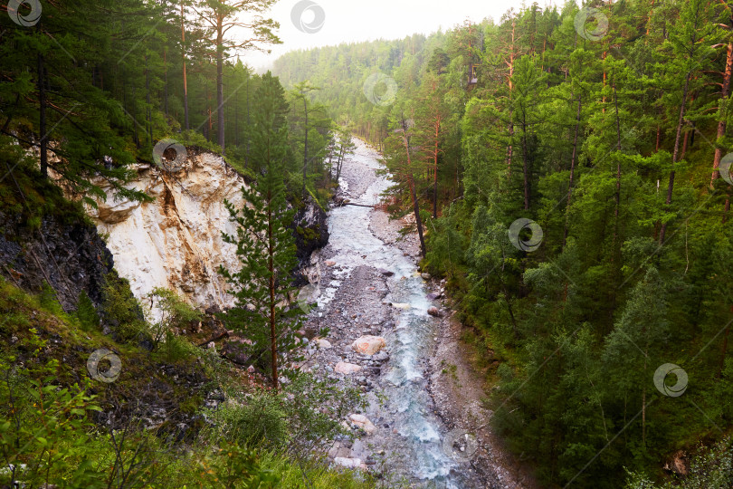 Скачать Река, текущая между горами, покрытыми лесом. фотосток Ozero