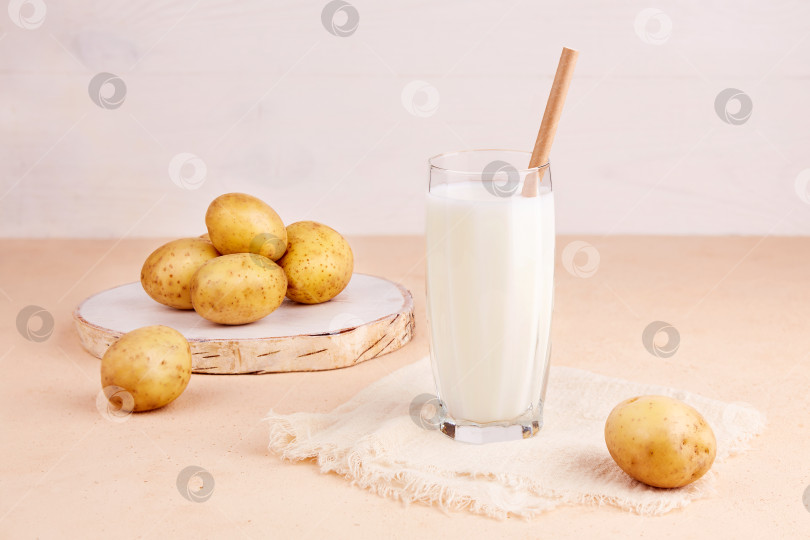 Скачать Веганское картофельное молоко в стакане, картофельные клубни на деревянной доске. Заменитель молока на растительной основе. фотосток Ozero