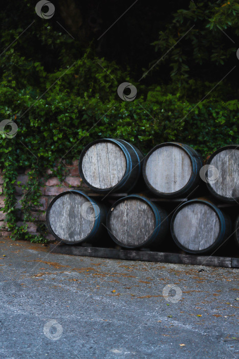 Скачать Винные бочки на винодельне. Сложенные штабелями винные бочки снаружи винного погреба на винограднике фотосток Ozero