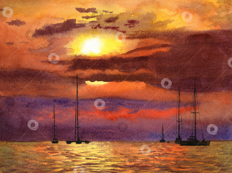 Скачать Закат на берегу океана, море с яхтами. Акварельная иллюстрация, нарисованная от руки. Пейзаж в оранжевых, желтых, красных, коричневых и фиолетовых тонах фотосток Ozero