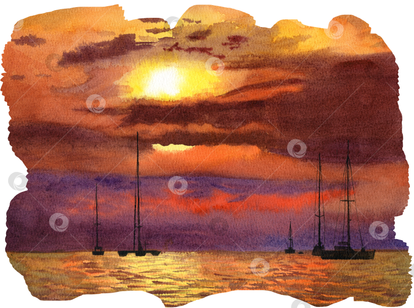 Скачать Закат на берегу океана, море с яхтами. Акварельная иллюстрация, нарисованная от руки. Пейзаж в оранжевых, желтых, красных, коричневых и фиолетовых тонах фотосток Ozero