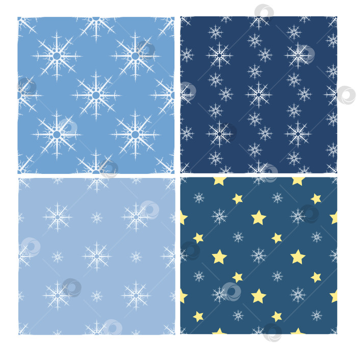 Скачать Набор бесшовных узоров со снежинками на синем фоне. Векторное изображение. фотосток Ozero