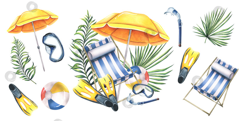 Скачать Шезлонг с зонтиком, пляжным мячом, маской для подводного плавания, ластами и тропическими листьями. Набор летних ярких акварельных иллюстраций, нарисованных от руки, изолированных на белом фоне. фотосток Ozero