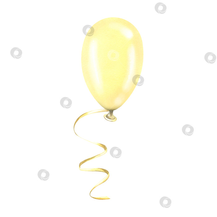 Скачать Желтый воздушный шар с лентой. Акварельная иллюстрация, нарисованная от руки. Изолированный объект на белом фоне. фотосток Ozero