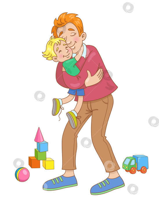 Скачать Счастливый отец держит на руках своего маленького сына. Они стоят, обнявшись, окруженные игрушками фотосток Ozero