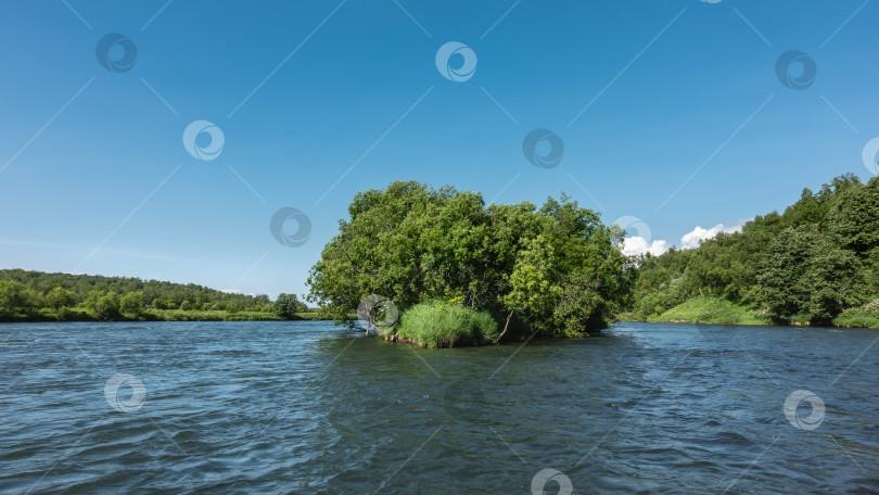 Скачать В русле реки есть небольшой остров с пышной зеленой растительностью. фотосток Ozero