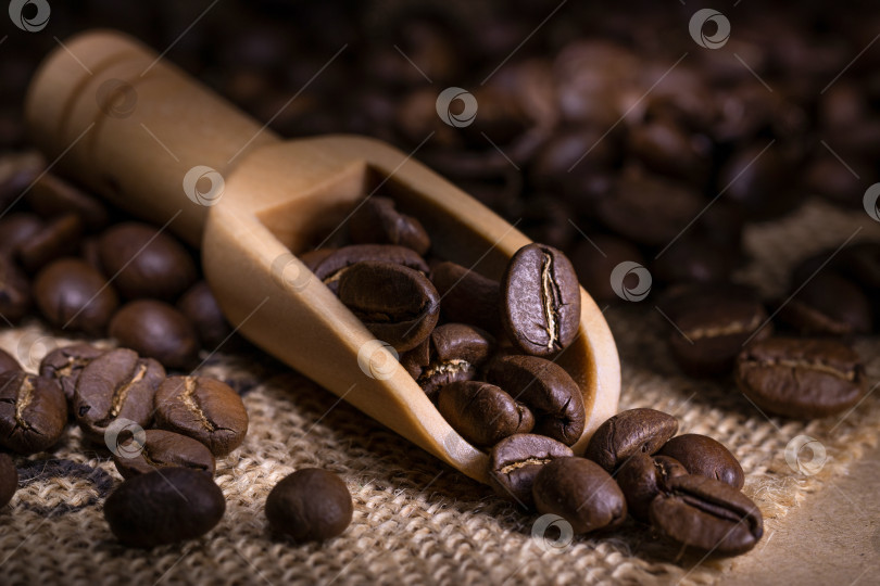 Скачать Крупный план деревянного совка с кофейными зернами на мешковине фотосток Ozero
