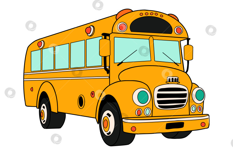 Скачать Мультфильм о желтом школьном автобусе в стиле каракули в стиле ретро. Возвращение в школу, вид в три четверти. Классический американский автомобиль для образовательных перевозок детей. Забавная векторная иллюстрация, изолированная на белом фоне. фотосток Ozero