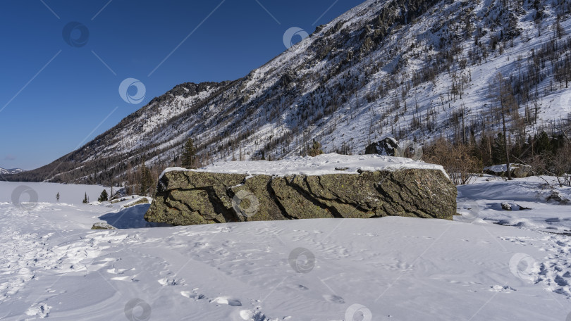 Скачать Огромный плоский валун лежит в заснеженной долине. фотосток Ozero