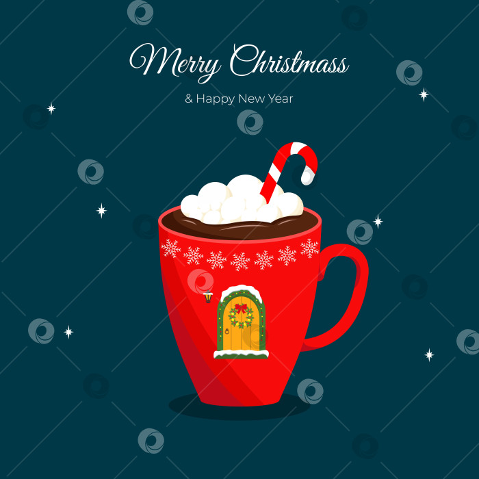 Скачать Рождественская, новогодняя поздравительная открытка, приглашение с кружкой горячего шоколада. Кружка с конфетами, зефир, рождественский венок, фонарь, дверь. фотосток Ozero