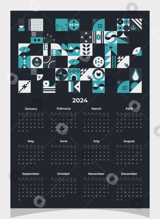 Скачать Календарь на 2024 год с геометрическими узорами. Шаблон календаря на 2024 год с геометрическими фигурами. фотосток Ozero