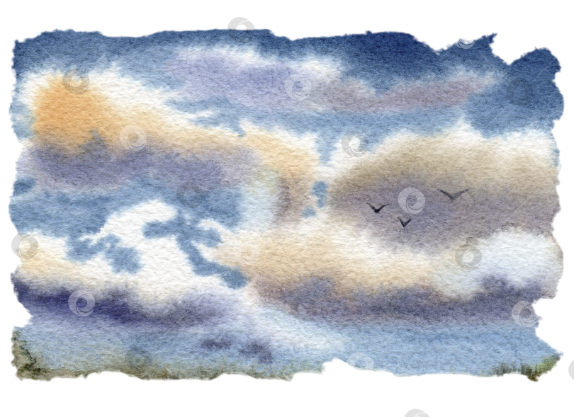 Скачать Пейзаж с облаками в небе, большое пространство. Кучевые облака. Акварельная иллюстрация, нарисованная от руки на акварельной бумаге. Неровный край фотосток Ozero