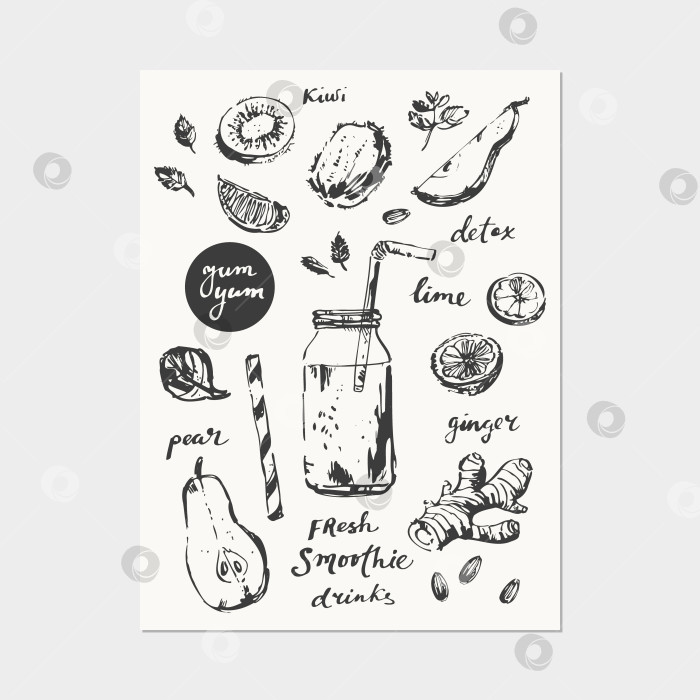 Скачать Нарисованный от руки тушью эскиз бокала для коктейльного напитка и рецептурных ингредиентов фотосток Ozero