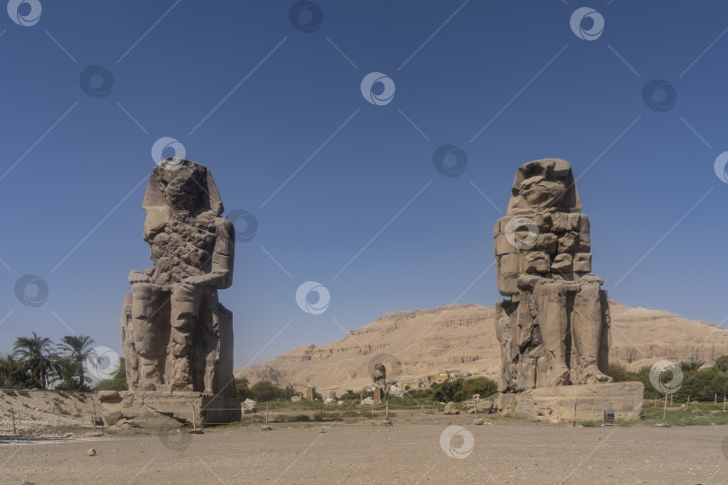 Скачать Гигантские статуи колоссов Мемнона на фоне голубого неба и песчаных дюн. фотосток Ozero