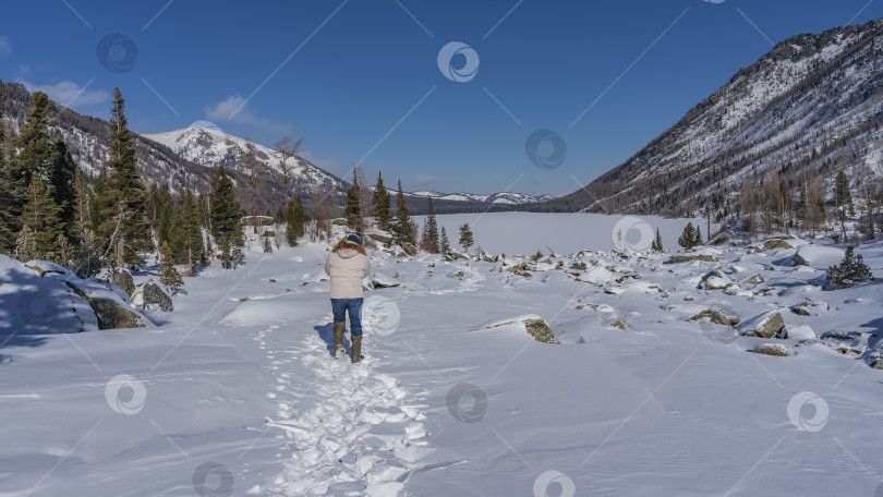 Скачать Мужчина идет по тропинке, протоптанной в снегу. фотосток Ozero