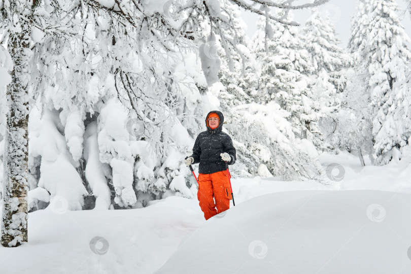 Скачать женщина, совершающая поход по зимнему лесу во время снегопада фотосток Ozero