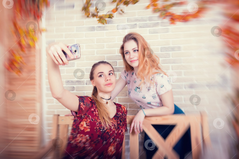 Скачать Две очаровательные молодые девушки делают селфи на телефон фотосток Ozero