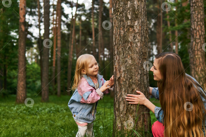 Скачать женщина играет с ребенком в лесу, прячась за деревом фотосток Ozero