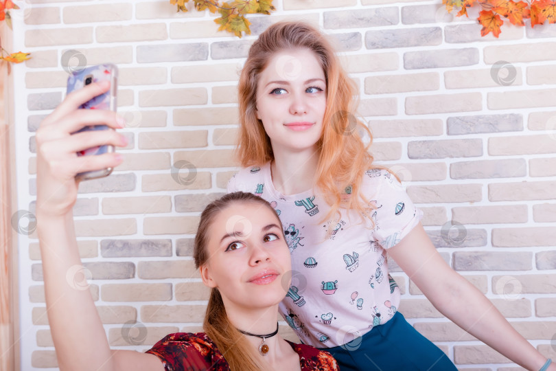Скачать Две очаровательные молодые девушки делают селфи на телефон фотосток Ozero