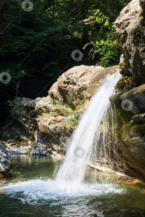 Скачать небольшой чистый водопад ниспадает со скалистого выступа в горной долине фотосток Ozero