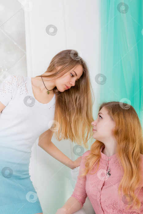 Скачать фотография модного интерьера двух красивых молодых девушек со светлыми волосами фотосток Ozero