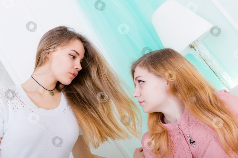 Скачать Портрет двух красивых длинноволосых девушек, смотрящих друг на друга фотосток Ozero