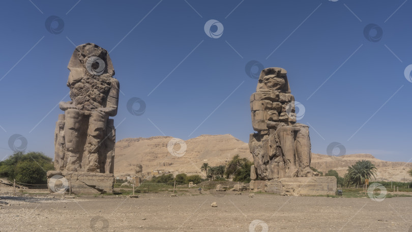 Скачать Гигантские скульптуры колоссов Мемнона на фоне голубого неба и песчаных дюн. фотосток Ozero