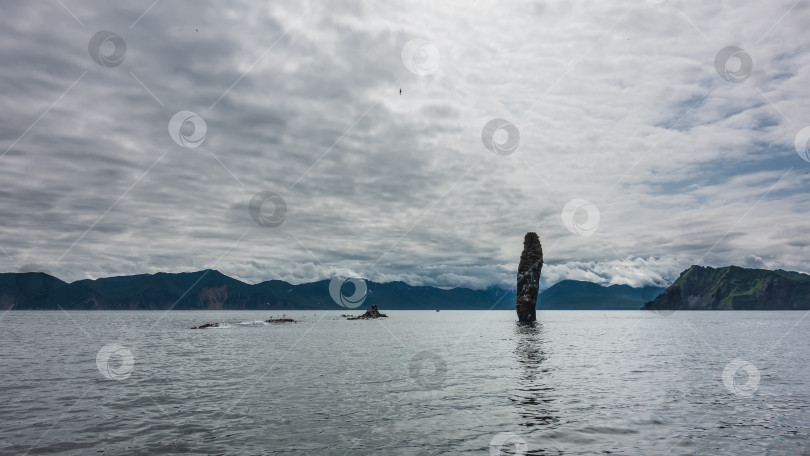 Скачать Высокий причудливый утес в Тихом океане на фоне облачного неба. фотосток Ozero
