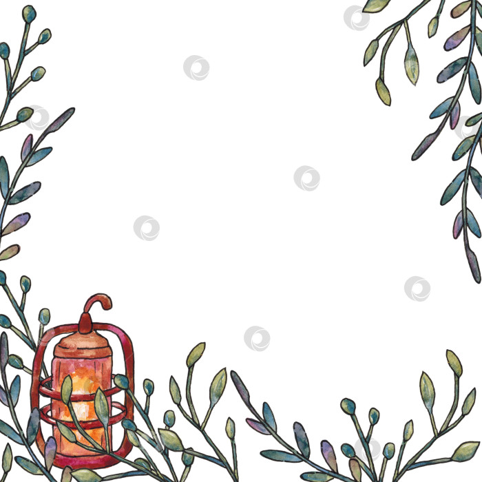 Скачать Квадратная рамка с фонарем и живописными ветками на белом фоне. Свободное место для текста. Дизайн поздравительных открыток, приглашений. Иллюстрация нарисована от руки акварелью. фотосток Ozero