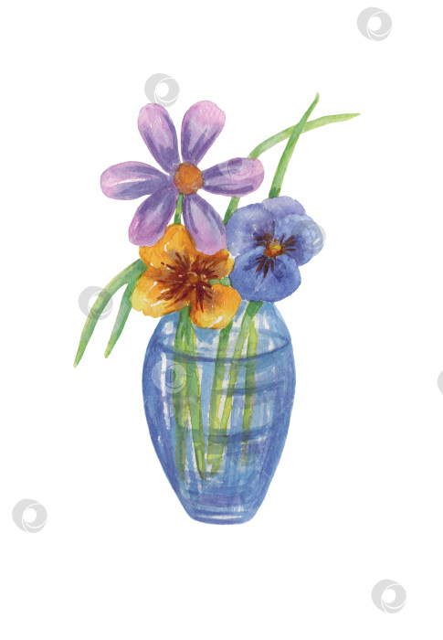 Скачать Букет разноцветных цветов в вазе, выделяющийся на белом фоне. иллюстрация выполнена акварелью от руки. фотосток Ozero