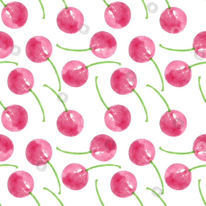 Скачать Бесшовный узор с ягодами вишни на белом фоне. Нарисован вручную акварелью. Может использоваться для ткани, оберточной бумаги, обоев, открыток, обложек, меню. фотосток Ozero