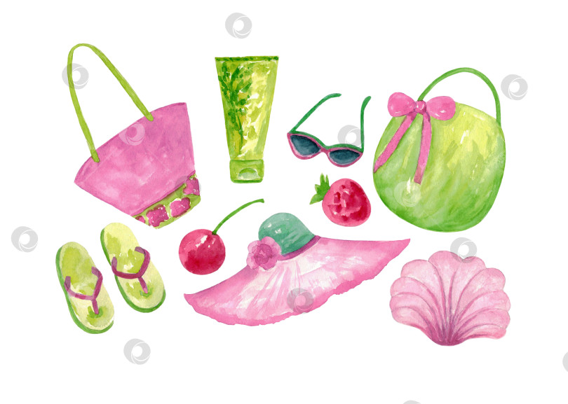 Скачать Летние и пляжные аксессуары. Набор акварельных картинок, выделенных на белом фоне. Нарисовано от руки. фотосток Ozero