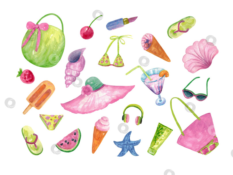Скачать Летние товары и пляжные аксессуары. Большой набор акварельных картинок, выделенных на белом фоне. Ручная работа, выполненная акварелью. фотосток Ozero