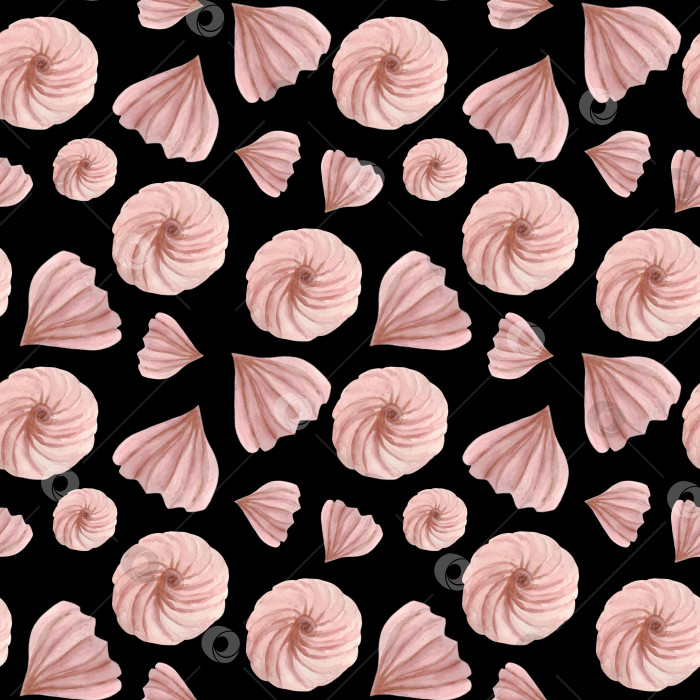 Скачать Бесшовный узор с нежными розовыми зефирками на черном фоне. Иллюстрация выполнена акварелью. фотосток Ozero