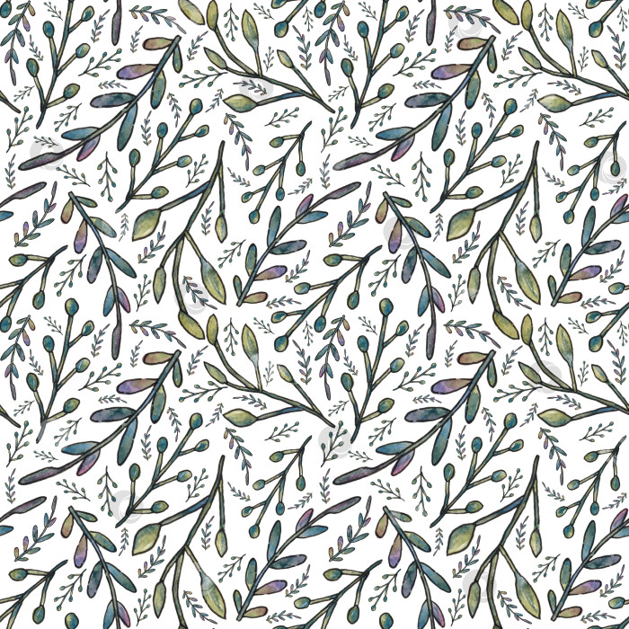 Скачать Бесшовный узор со стилизованными ветвями и листьями на белом фоне. Иллюстрация выполнена вручную акварелью. фотосток Ozero